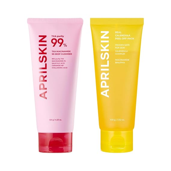 APRILSKIN Pore Care Duo for Oily Skin: TXA Niacinamide 99 Pore Care Pink Bubble Gum Deep Cleanser and Calendula Flower-Infused Facial Peel Off Mask