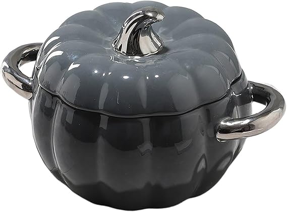 Ceramic Pumpkin Soup Bowl with Lid,2L Ceramic Soup Tureen Cute Bowl with Handle, Dessert or Soup Bowl, Non-Stick Soup Pot Decor Dinnerware for Thanksgiving Halloween Pumpkin Party,Dark gray