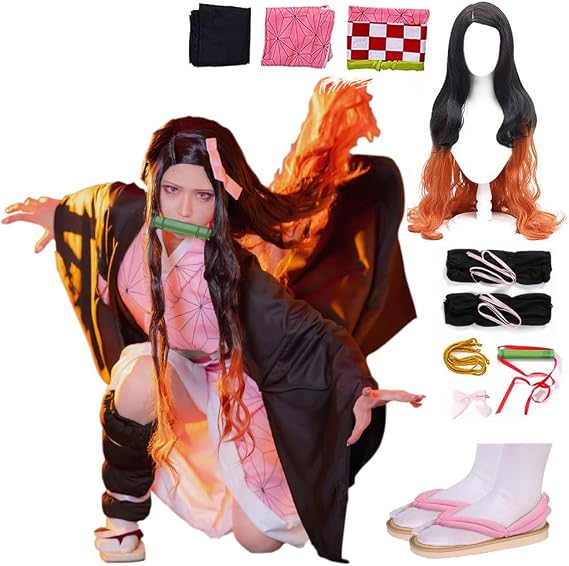 Full Set Anime Halloween Costume For Womens Party Role Cosplay Cloak Kimono Outfit W/Slippers Wig