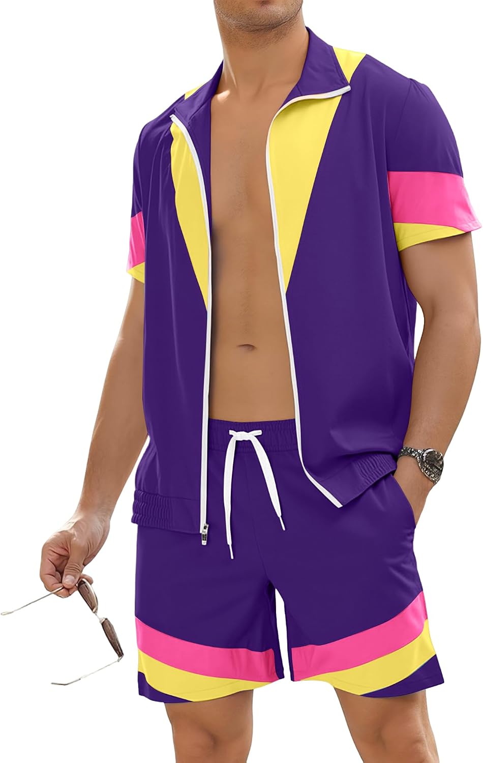 UOUA 80s Outfit for Men 90s Color Block Costumes 2 Piece Retro Short Sleeve Jacket & Shorts Set for Party