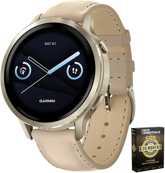 Garmin Venu 4 41mm Health and Fitness GPS Smartwatch, AMOLED, Lunar Gold with Bone Band and Light Sand Leather Band, 010-03013-03 - Bundle w/Deco Essentials 26-Month CPS Plan