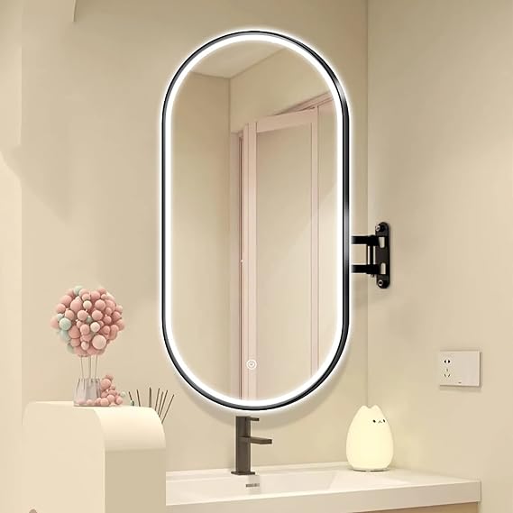 Bathroom Mirror,Large Oval LED Dimmable Mirror, Lighted Vanity Mirror Wall Mounted Makeup Mirror, One Button Touch, with Metal Frame and Swivel Rotation Adjustable Arm