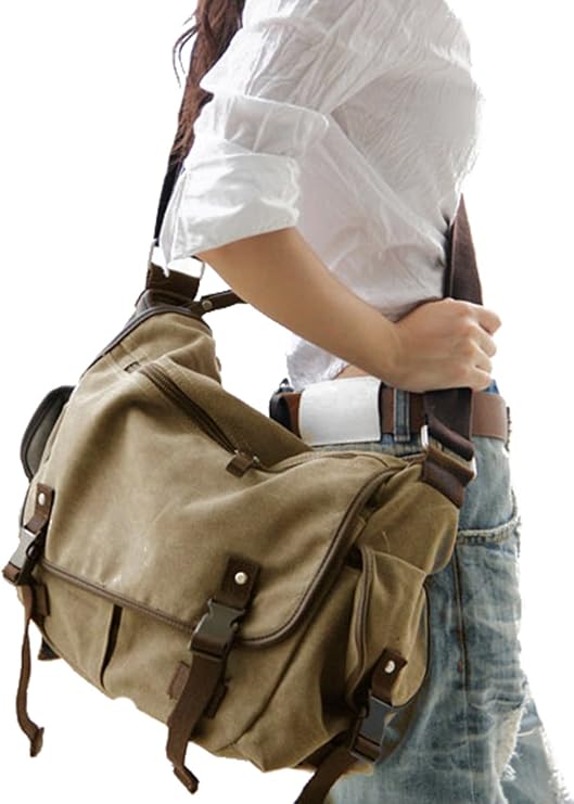 [Upgraded] Vintage Canvas Messenger Bag 13 15.6 17 inches Large Book Laptop Shoulder Bag Women Men New (Beige, Large)