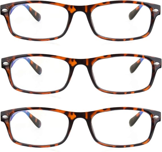 3 Pack Rectangular Plastic Frame Blue Light Blocking and Anti UV Reading glasses
