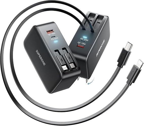 4 in 1 Retractable Wall Charger, Dual 3ft USBC & Apple Fast Charging Cables