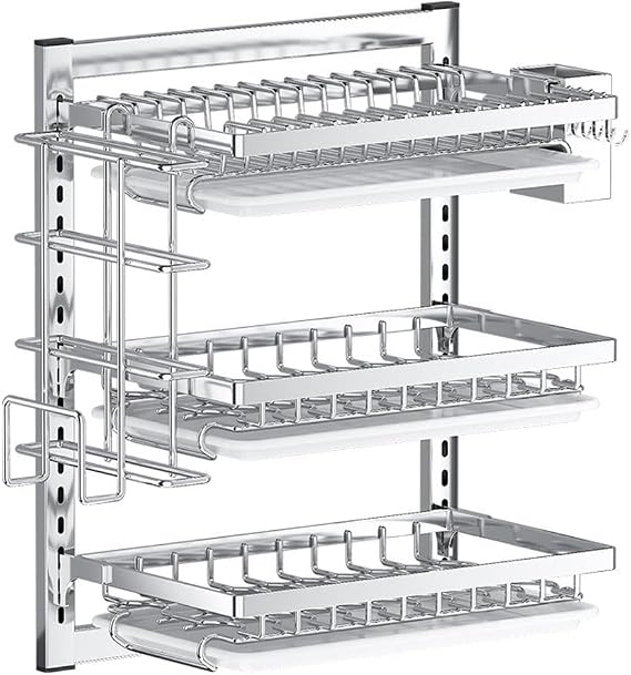 Wall Mounted Dish Drainer with Removable Stainless Steel Drip Tray, Space Saving Over Sink Drying Rack Includes Cup Holder and Utensil Storage for Kitchen
