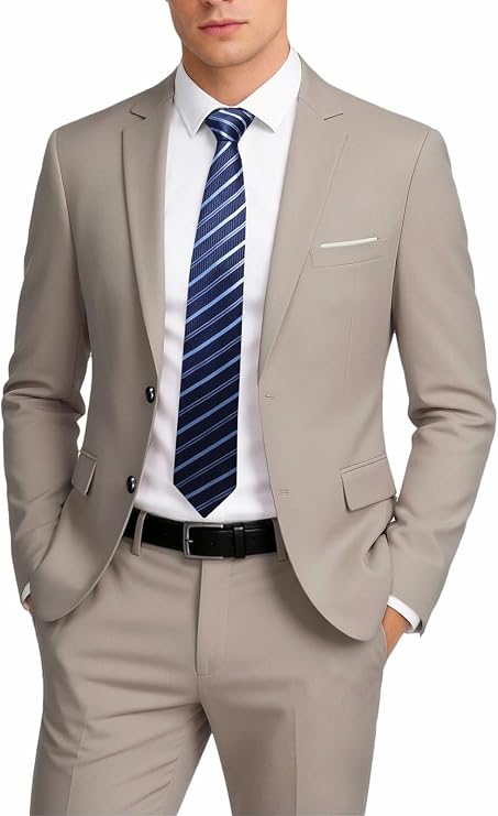 MOGU Suit for Men, Solid Color Fit Formal 2 Piece Dress Tuxedo Set with Jacket, Pants, Tie