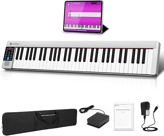 61 Key Keyboard Piano, Portable Electric Piano Keyboard 61-Key Touch Sensitive Full Size, Bluetooth Electric Piano Slim with Bag for Beginners, Silver, by Vangoa