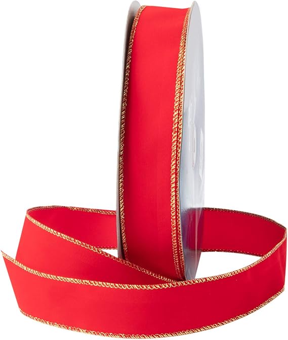 Royal Imports Wired Traditional Red Christmas Waterproof Ribbon 25 Yards Roll, for Floral & Craft Decoration - 1.5" (#9) Wide, Red with Gold Edge
