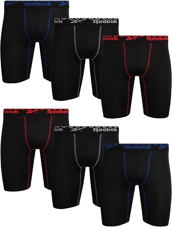 Reebok Mens Boxer Briefs 6 Pack Performance Underwear with Pouch 9'' Inseam
