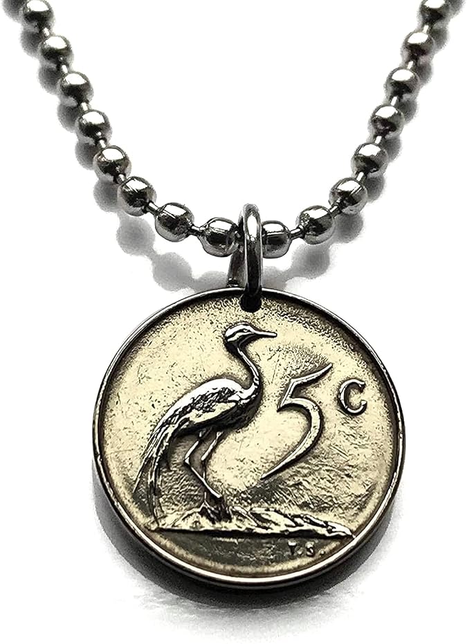 1977 South Africa 5 Cent coin pendant blue paradise crane bird Stanley crane Cape Town Johannesburg Port Elizabeth Pretoria Bloemfontein Limpopo Nguni