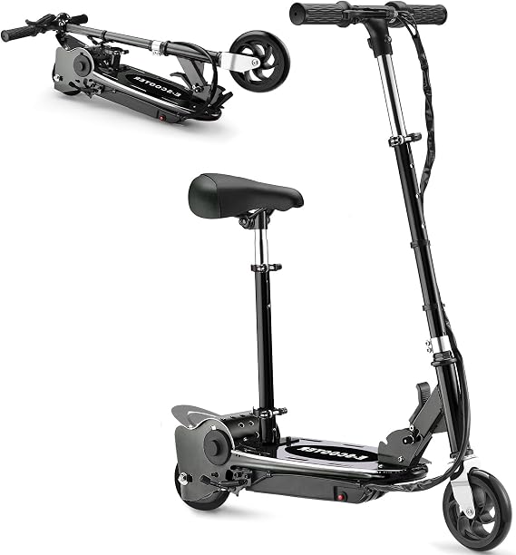 Electric Scooter with Seat, Adjustable Height for Kids Ages 8-12, up to 10mph & 155lbs Max Load, Removable Seat 2 Riding Styles Black