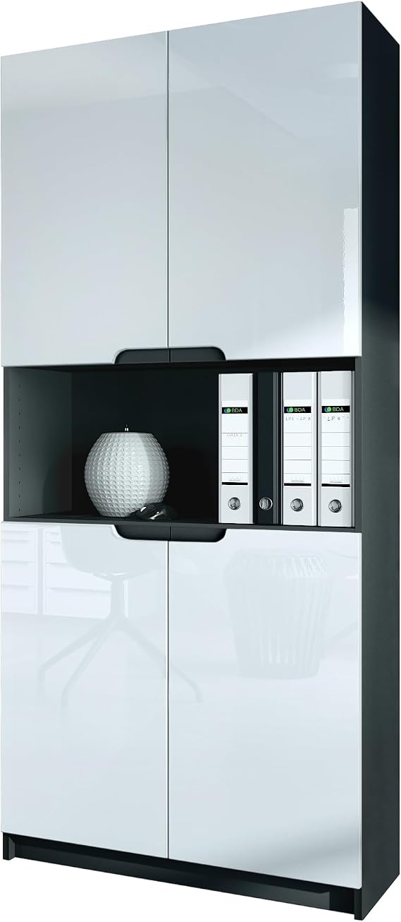 Vladon Logan V2 Office Cabinet Made in Germany Filing Cabinet with 5 Compartments and 4 Doors Matte Black / White High Gloss (82 x 184 x 37 cm)