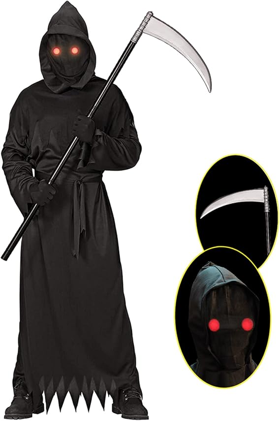 Lomesion Grim Reaper Halloween Costume with Glowing Red Eyes for Kids, Scythe Included
