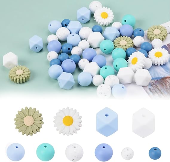 56 Pcs Daisy Silicone Beads, Round Daisy Flower Shape Silicone Loose Beads Craft Beads for Bracelets Pens Crafts Keychain Jewelry Making Necklace DIY Home Crafts Decor -A