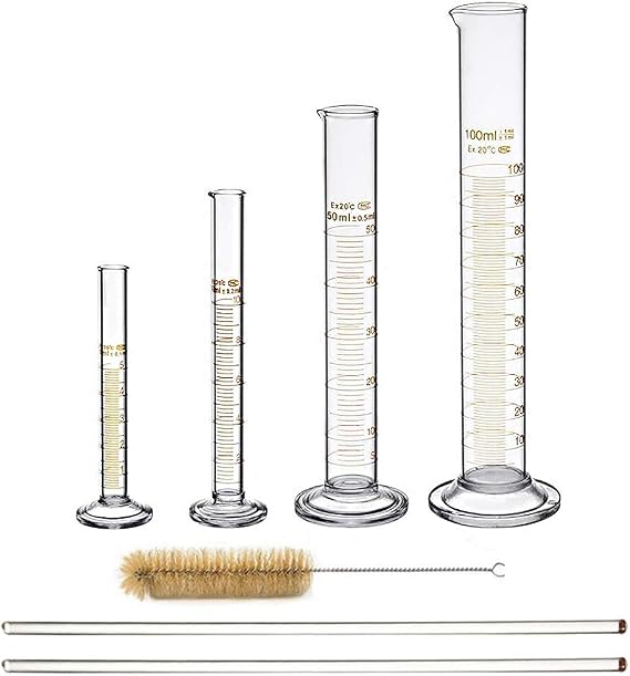 Glass Graduated Cylinder Set Thick Measuring Cylinders 5ml 10 ml 50ml 100ml with 2 Glass Stirring Rod and 1 Brush