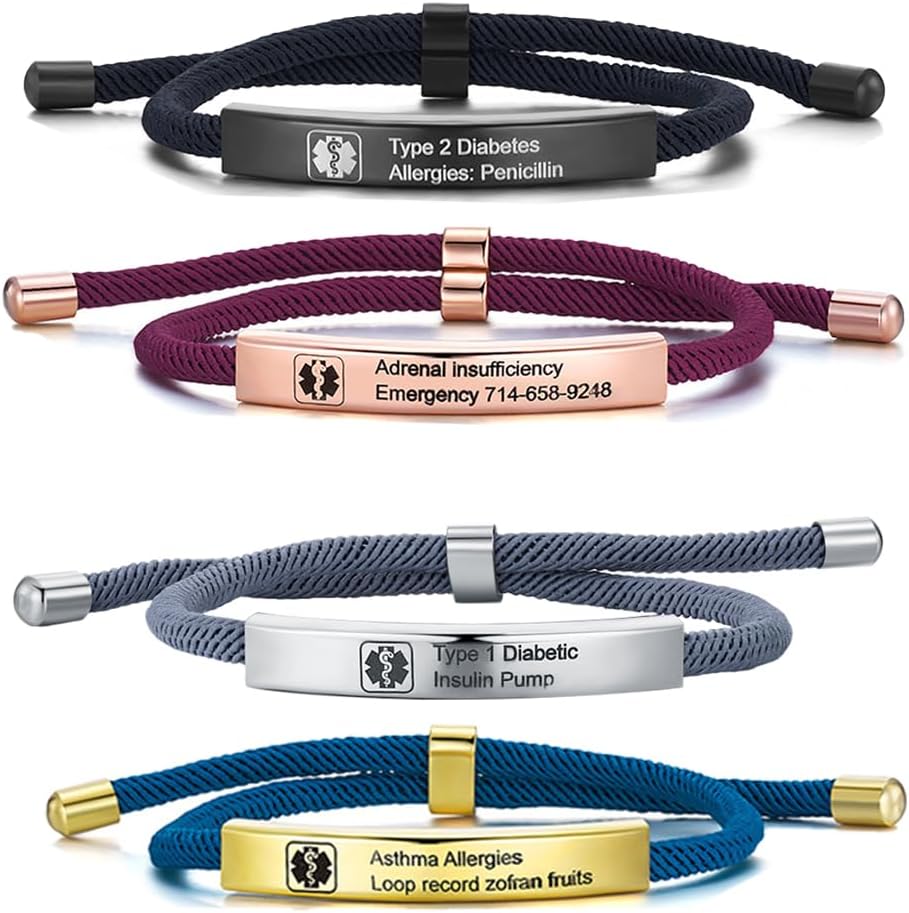 NICEDREAM Personalized Rope Braided Medical ID Bracelets - Custom Engraved Allergy Bracelets for Men and Women
