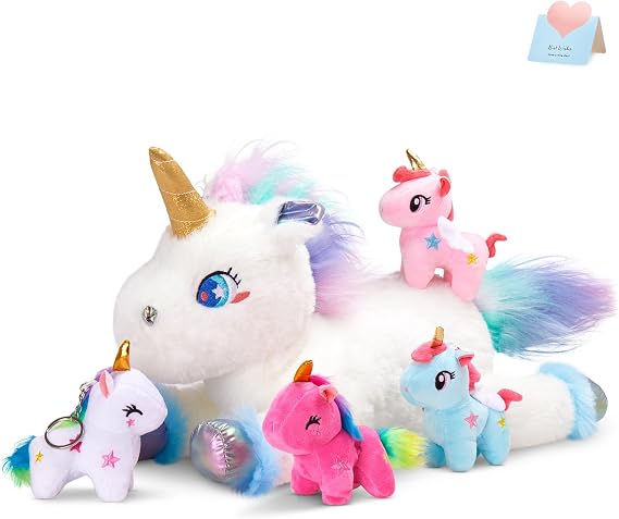 19'' Rainbow Unicorn Stuffed Animal Mommy Unicorn Plush Toys with 4 Babies