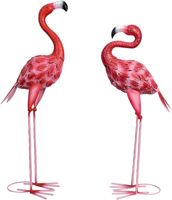 2Pcs Flamingo Outdoor Statues, Metal Flamingo Yard Art Decor for Garden Home Patio Yard Display