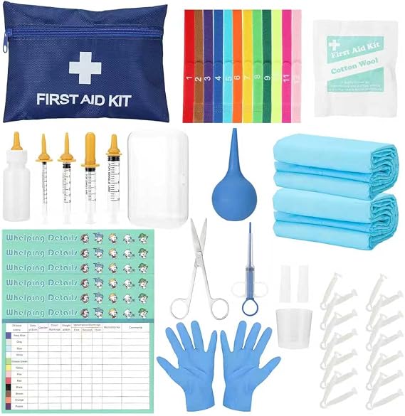 48-Piece Puppy Whelping Kit Complete Whelping Supplies for Safe Puppy Birth, Includes Feeding Tubes, Collars, Cord Clamps, Urine Pads, Gloves & More Essential Puppy Birthing Kit for Breeders