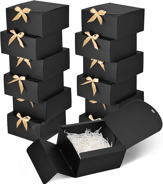 WLUSEAXI Black Gift Boxes with Lids and Gold Ribbon, 12 Pack