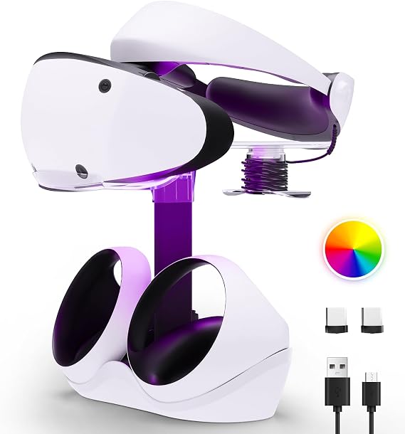 HONCAM Charging Station for PSVR 2, Multifunction PSVR2 Stand with 7 RGB Light, Headset Display Stand, Dual Controllers Charger Dock, Magnetic Connector, Type-C Cable