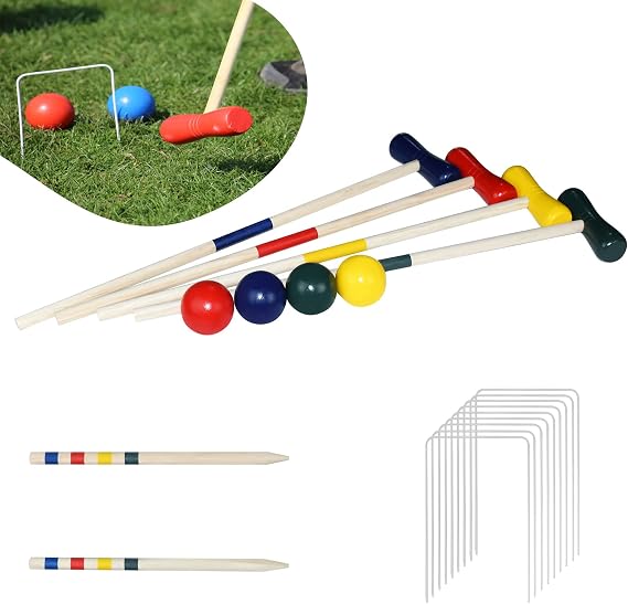 YRHome Croquet Game Outdoor Croquet Set Garden Game Croquet Game Skill Game Wooden Traditional Wooden Toy for 4 Players Children Adults with Wooden Pegs Mallets Balls Wickets