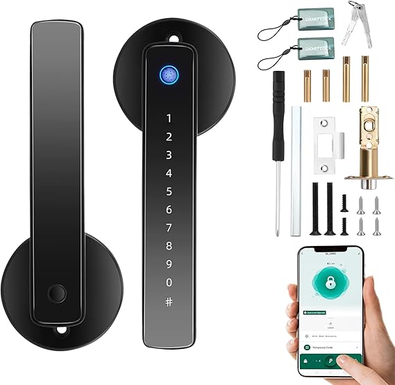 Fingerprint Door Lock, 5 in 1 Smart Door Lock Electronic Smart Door Handle Keyboard Password Bluetooth Lock Digital Auto Lock Biometric Lock with APP IC Cards for Bedroom Office Apartment (Black)