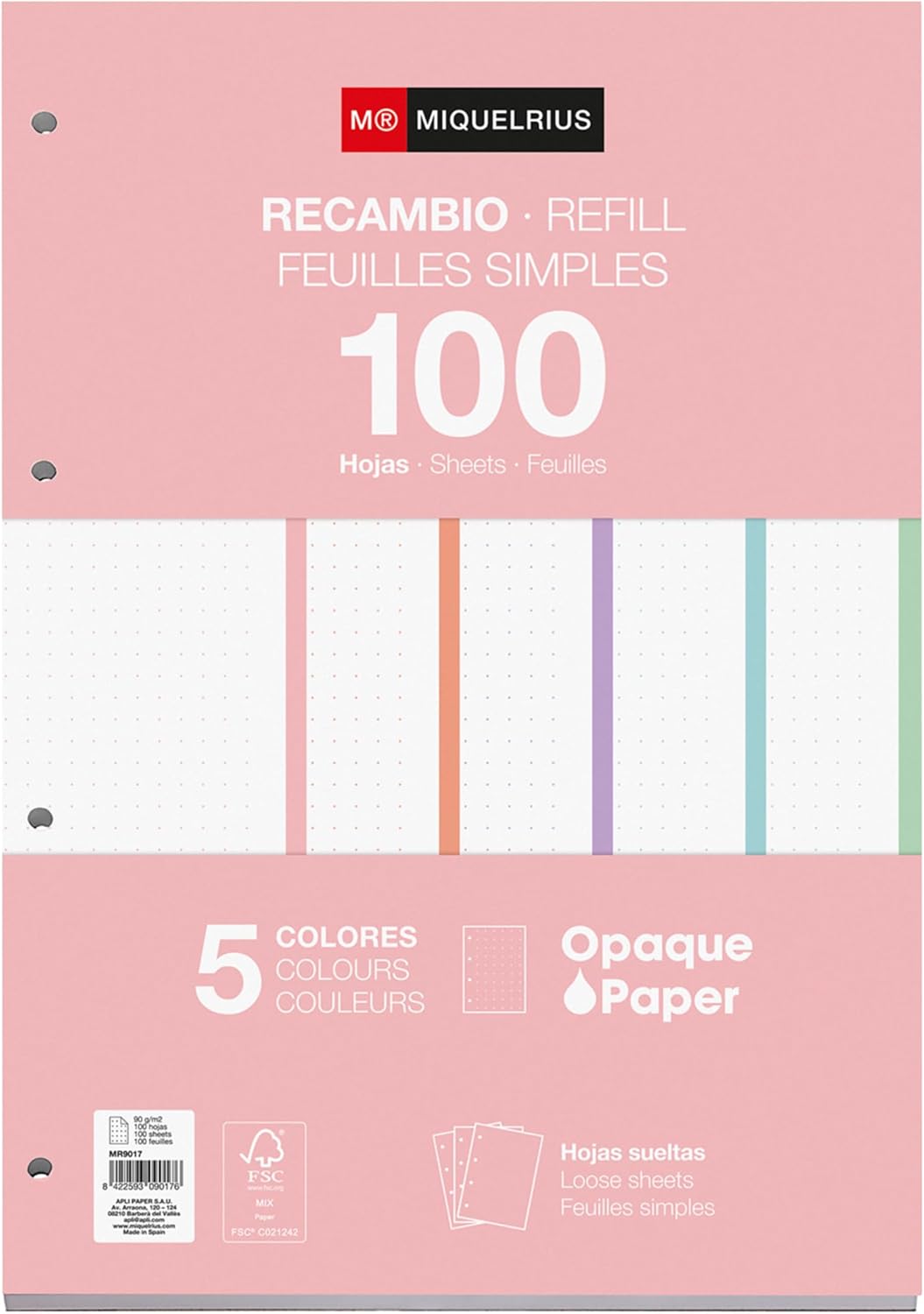 Miquelrius - Refill pad, 100 Dotted Loose Sheets, Opaque Paper 90 gm², Refill A4 Perforated Sheets for Ring Binders or Binders, School Supplies, 5 Colours