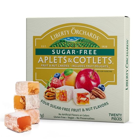 Liberty Orchards, Sugar Free Aplets & Cotlets - Vegan Gourmet Snack, Sugar Free Turkish Delight Candy Gift Box 8 Oz.