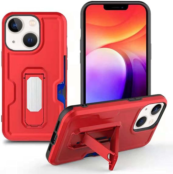 iPhone 13 Mini用ケース、カードホルダーホルスター付きスイベルベルトクリップケース、落下保護キックスタンド耐衝撃ケース Apple iPhone 13 Mini 5.4インチ対応 レッド