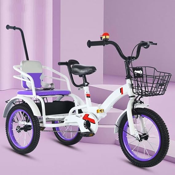 Folding Kids trikes with Parent Handle,3-10 Years Tandem tricycles with Rear Passenger seat,Height Adjustable Saddle with armrest,3 Wheeler Pedal Rickshaw trikes with Pneumatic tire Spoke Wheel