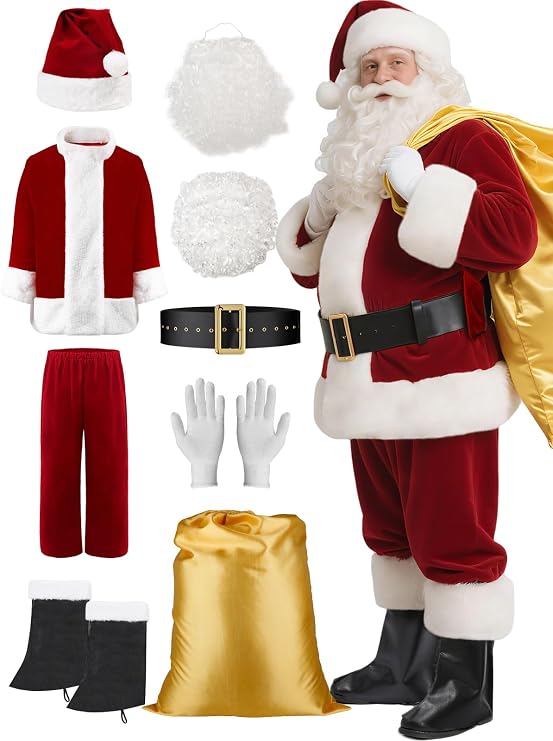 Santa Suit Adults Men 9PCS for Christmas Parade Holiday Cosplay | Men's Santa Claus Costume Christmas Suit for Xmas Parties, Parades, Home Events and Professional Santa Performance