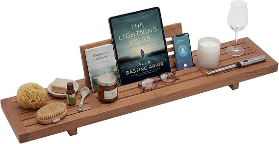 AquaTeak Manada 30" Teak Bathtub Tray Caddy, Foldable Book & Tablet Stand