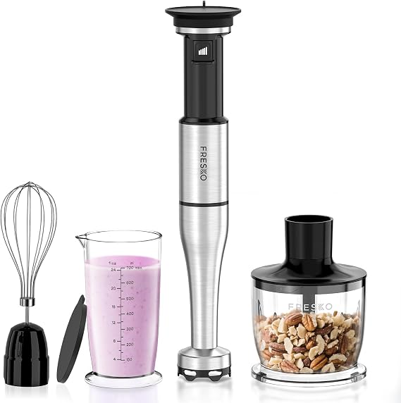 FRESKO Immersion Blenders Handheld, Variable Speed Trigger, 4-In-1 Stainless Steel Hand Blender with Food Chopper, Egg Whisk & 24oz Beaker, Stick Mixers for Baby Food, Soups, Smoothies, Sauce