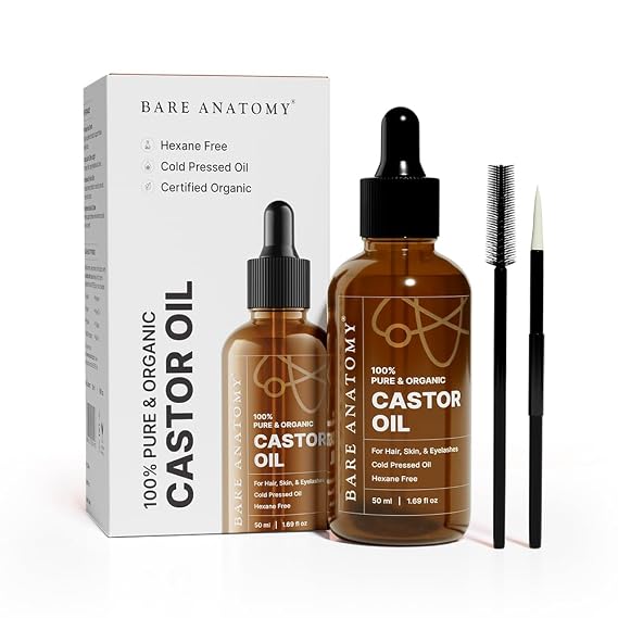 Bare Anatomy 100% Pure & Organic Castor Oil Cold Pressed, Unrefined, USDA Certified, Hexane-Free | For Hair Growth, Thicker Eyelashes & Eyebrows| Suitable for Body, Skin & Nails | 50 ml