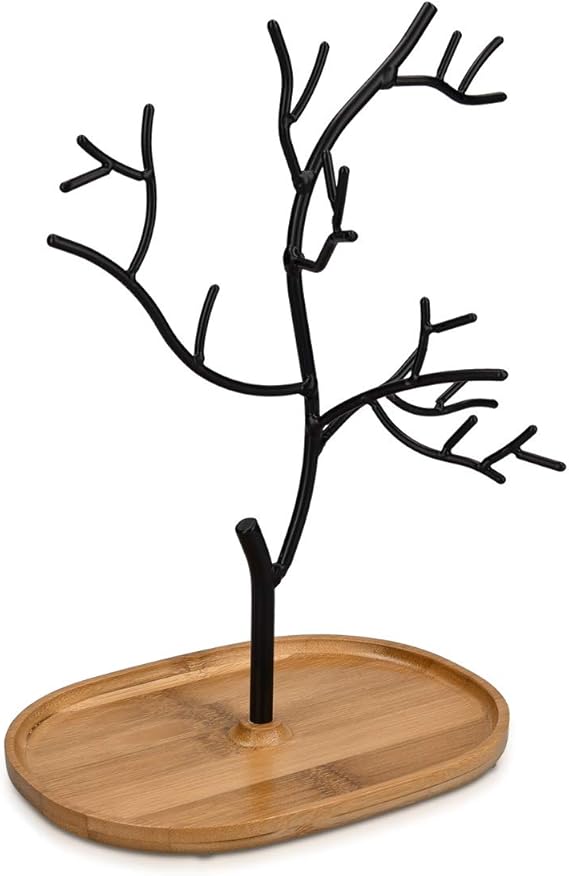 Navaris Metal Jewelry Tree Stand - Organizer Hanger Display Holder with Bamboo Dish Base to Store Necklaces, Bracelets, Rings, Accessories