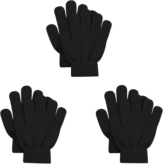 3 Pairs Kids Magic Gloves Winter Knit Gloves Stretchy Boys Girls | XS/S,4-15 Years Boys Girls,Black Mittens Set,Knitted Warm Gloves,Cold Weather Accessaries,For School,Biking Running Sports