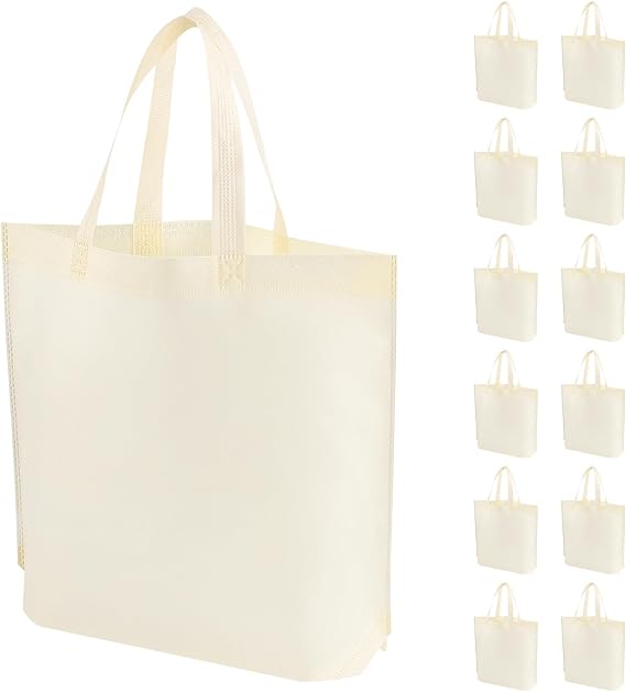 24 Pack Non Woven Tote Bags - Beige Reusable Shopping Bags Bulk for Grocery, DIY Craft & Party Favors (14.78x12.5x4 Inches)
