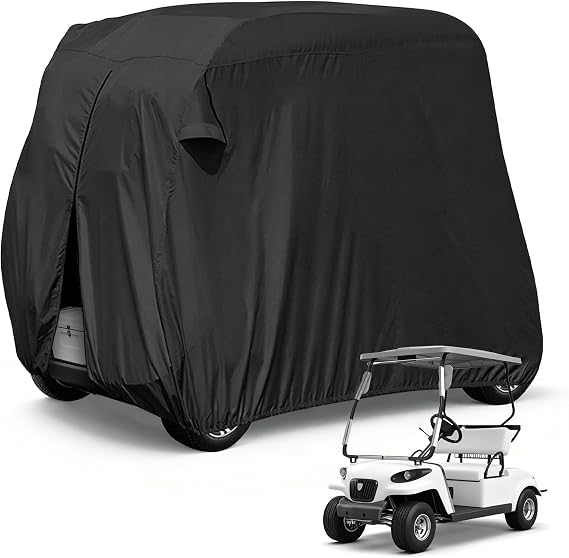Moveland Waterproof Dust Golf Cart Cover Outdoor Accessories, Extra PVC Coating 2 Passenger Custom Cart Cover Compatible with EZ GO, Club Car, Yamaha(Black)