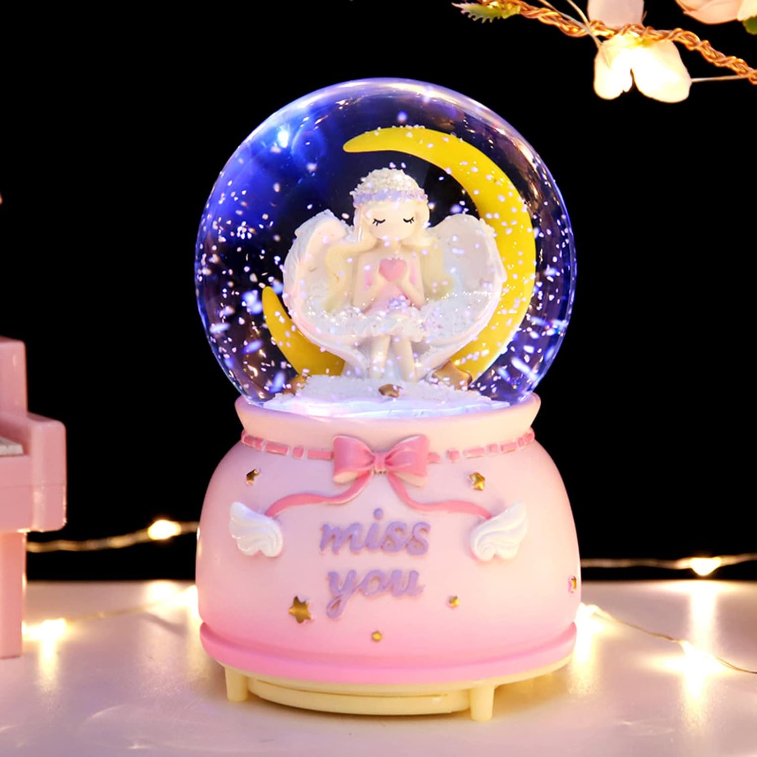 HLONGG Moon Angel Girl Girl Heart Crystal Ball Music Boxes Snow Box with Colorful Changed LED Light Great Gift for Kids Girls Boys,Pink,Pink