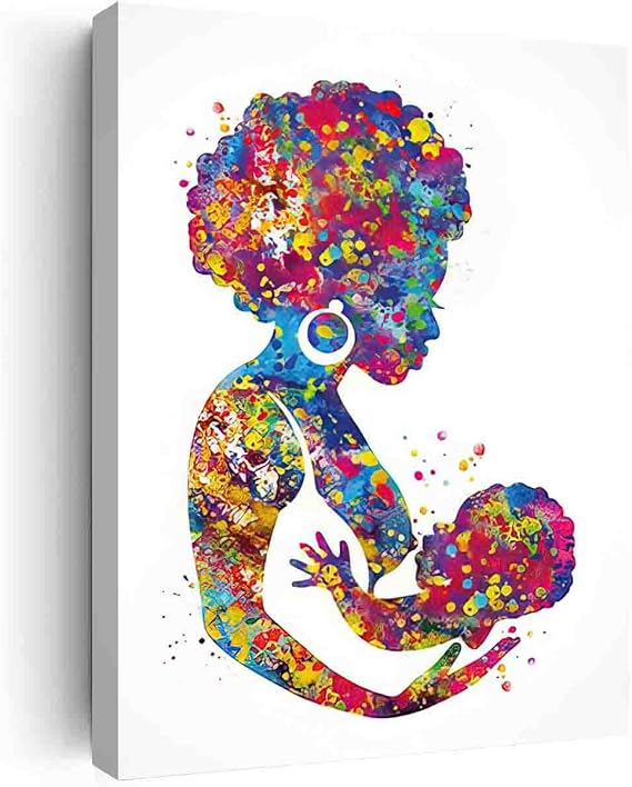 DAVUD Mens Bedroom Wall Decor,Breastfeeding Afro Mother Watercolor Print Mom Newborn Doula Pregnancy Gift Obstetrician Nursing Baby Shower New Mum Art Midwife Gift- 12in x18 in-Ready to hang