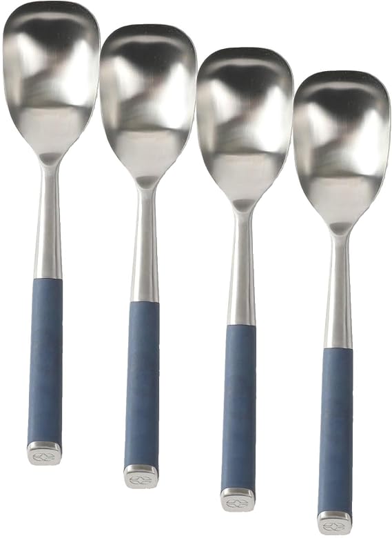 Calphalon Edge Cooking Utensil Spoon, Stainless Steel KitchenSpoon w/Heat Resistanc Silicone Non-Slip Handle, Nonstick-Safe Basting & Durable Kitchen Utensil (Navy Blue), Cooking Spoon (Pack of 4)