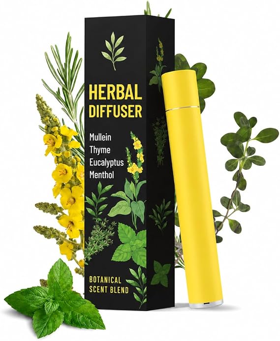 Herbal Diffuser Pen, Plant-Based Mullein, Thyme, Eucalyptus & Mint Botanical Scent, Non-Electronic Aroma Accessory for Home, Office, Desk & Travel Bag
