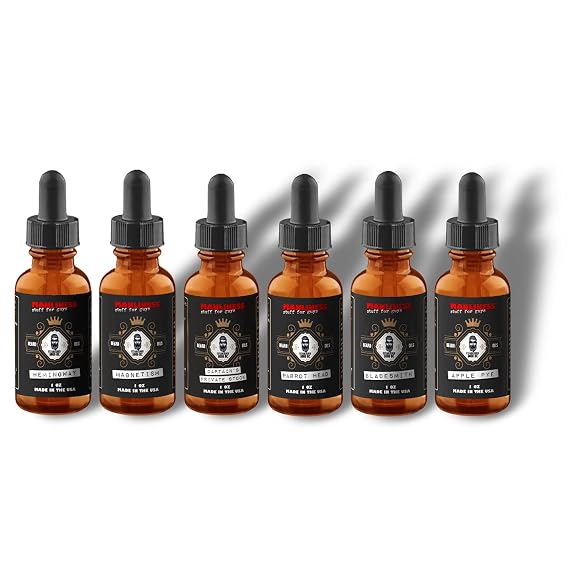 MANLINESS Beard Oil For Men- Sampler Pack, 3 oz- Six Manly and Unique Scents 100% Pure Natural hair oil for Groomed Beards- Natural Beard Conditioner with Organic Argan Oil and Jojoba Oil Softens, Smooths & Strengthens Beard Growth.