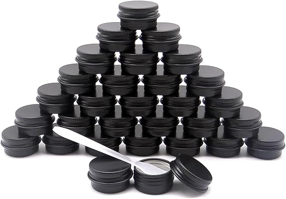 30 pack 5 ml Black Lip Balm Tin Cans, 5g Mini Aluminum Makeup Sample Containers with Screw Lid, Empty Metal Tins Pot Storage Travel Jars for Cosmetic, Cream, Candle, Tea, 5 Gram Small Tins