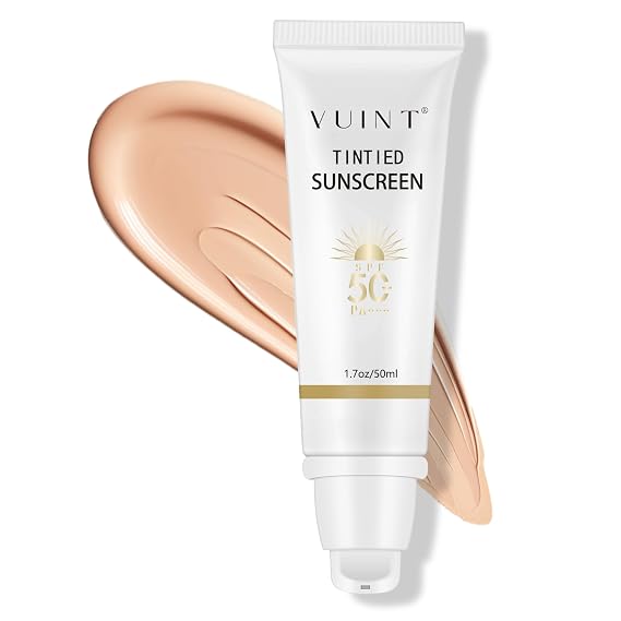 Vuint Tinted Sunscreen for Face SPF 50 Broad Spectrum SPF Protection for Women Lightweight, Non-Greasy Sunblock for Sensitive Skin, Hydrating, Waterproof Facial Sunscreen for Travel & Everyday Use
