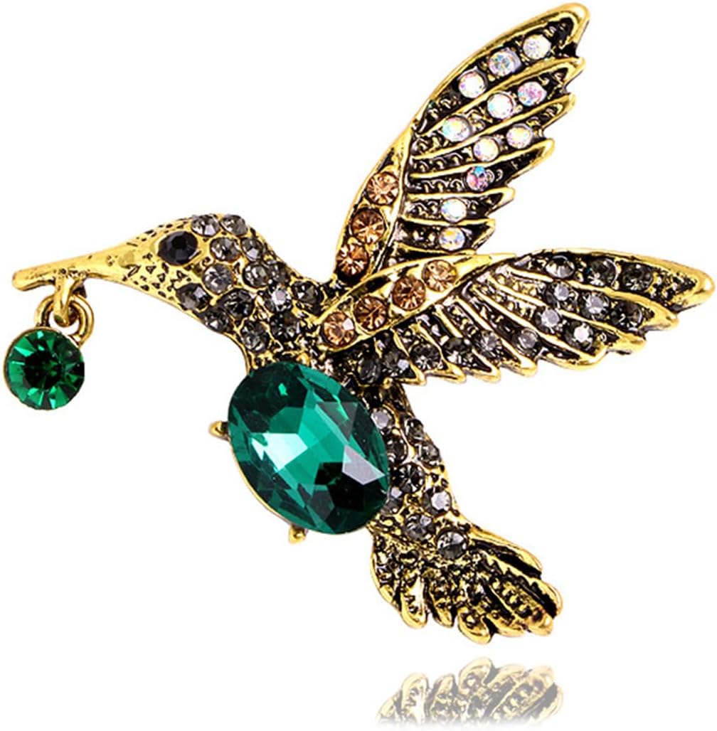 Vintage Rhinestone Hummingbird Bird Brooch Pin for Women Unisex Gold-Toned Fashion Green Crystal Animal Brooches Lapel Pins Elegant Dress Accessories Spring Party Jewelry