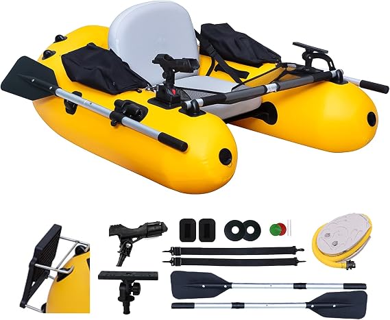 Inflatable Fishing Float Tube, Belly Boat Fishing with Adjustable Backpack Straps, Storage Pockets, Fish Ruler, Pump, Oar, Float Tubes for Fishing, 350 LBS Load Capacity