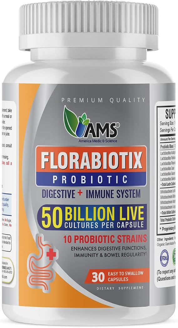 America Medic & Science Florabiotix Probiotic (30 Capsules) | Dietary Supplement for Men and Women| 50 Billion Live Cultures | 10 Probiotic Strains | Supports Digestive and Immune Health